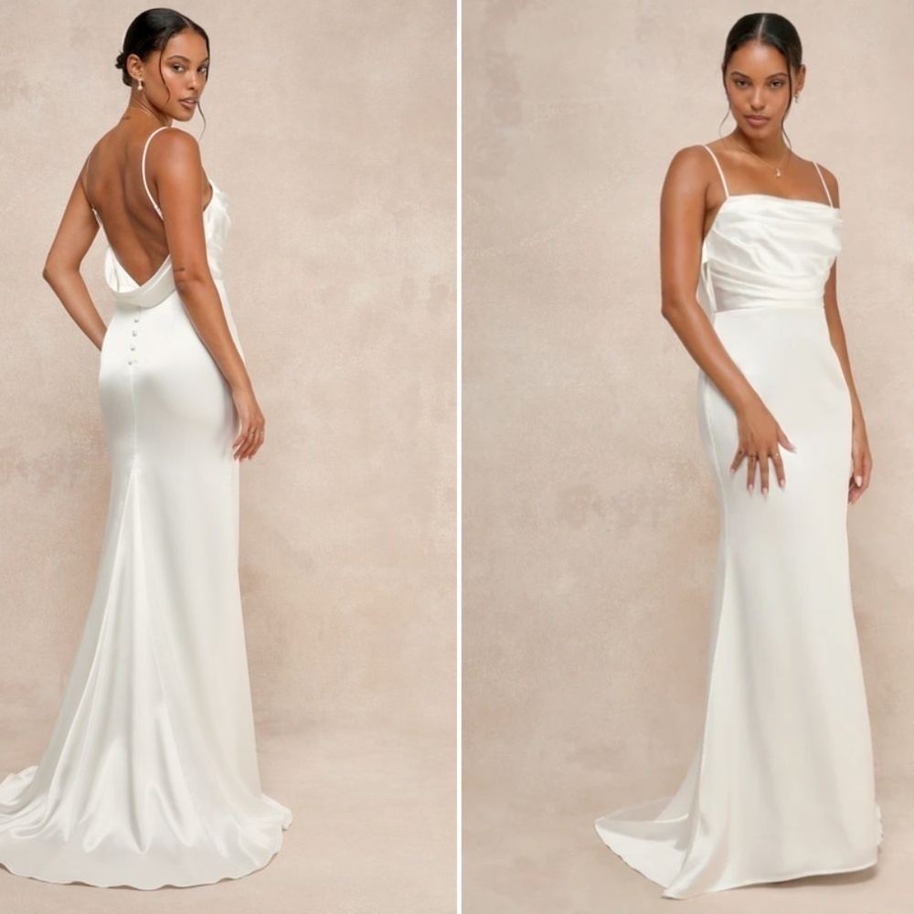 LULU's Bridal Sexy Elegant Sophisticated White Chic Satin Maxi Gown with Train - Picture 4 of 4